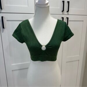 Aerie Women's Deep V Ribbed Crop Top with Ring Detail - Green Sz M